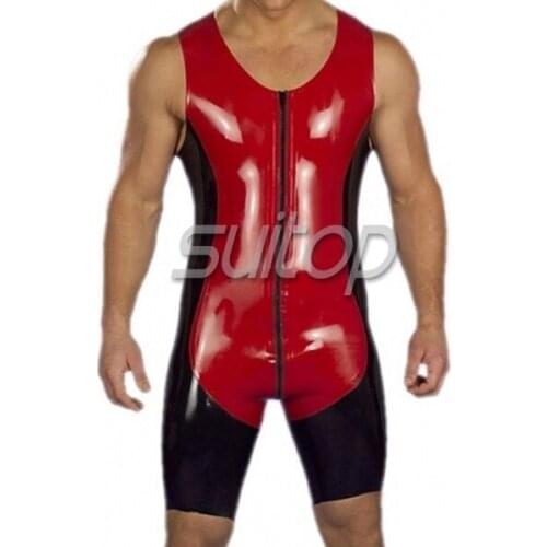 Suitop latex leotard for males with front zip through crotch