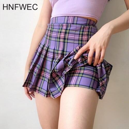 2020 Summer New Fashion Womens Sexy Pleated Plaid Purple Womens Girl Female Preppy Style Korea High Waist Skirt U114