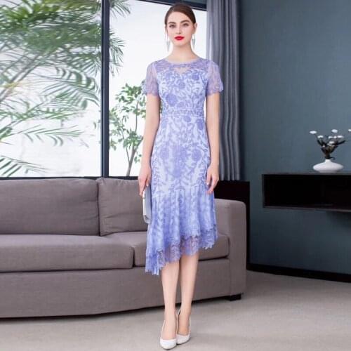 Runway Fashion Slim 2021 High Quality Elegant Flower Embroidery Mesh Irregular Bodycon Party Holiday Office Dress
