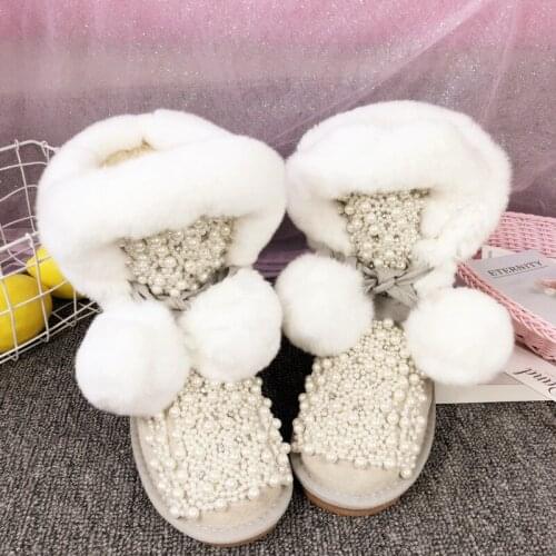 Winter new custom warm and comfortable leather rabbit fur snow boots autumn and winter rhinestone pearl female boots