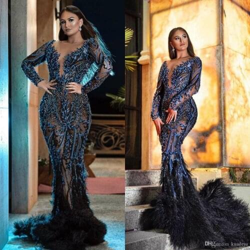 New Arrival Mermaid Evening Dresses Jewel Neck Long Sleeve Feather Lace Formal Dresses Sweep Train Beads Sequins Party Gowns