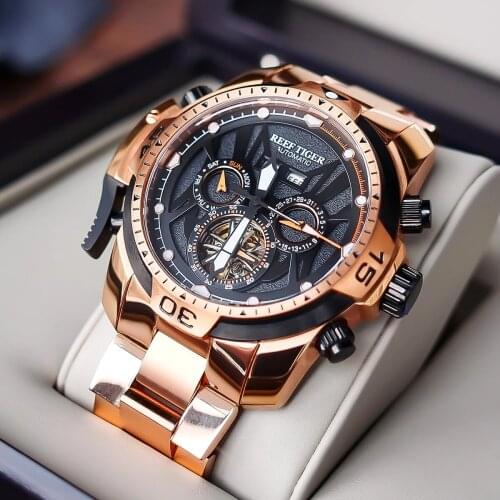Reef Tiger/RT Top Brand Sport Men Watch Complicated Dial With Year Month Perpetual Calendar Rose Gold Black Dial Bracelet Watch