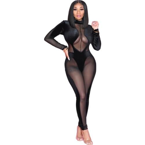Sexy Fitness Wear Sheer Mesh Patchwork Holiday Evening Party And Club Skinny One Piece Pants Trousers Women Jumpsuits Rompers