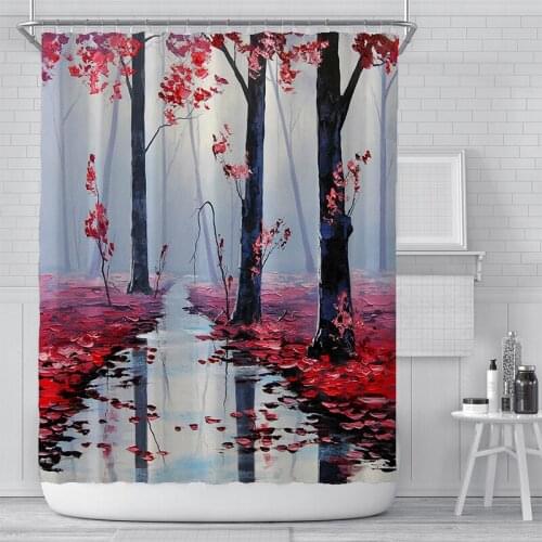 Beautiful Forest Shower Curtain Colorful Woods Painting Bath Curtains With Hooks 3D Print Waterproof Polyester Bathroom Curtain
