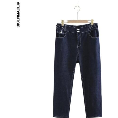 Womens Clothing Jeans Plus Size 2021 Autumn New Show Thin Dark Blue High Waist Big Pocket Stretch Denim Harem Pants C1-9803