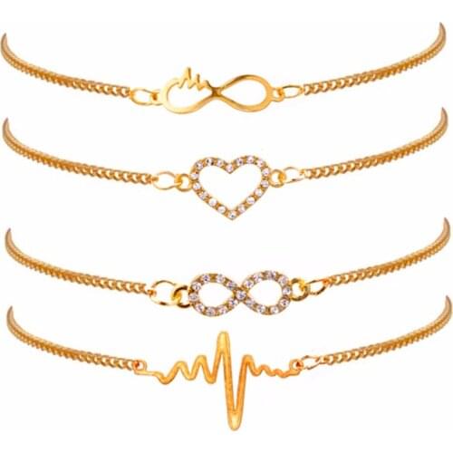Chic Fashion Gold Color Hand Chain Luxury Crystal Hollow Heart Bracelet Elegant Charms Jewelry Birthday Gift For Women 4pc/Set