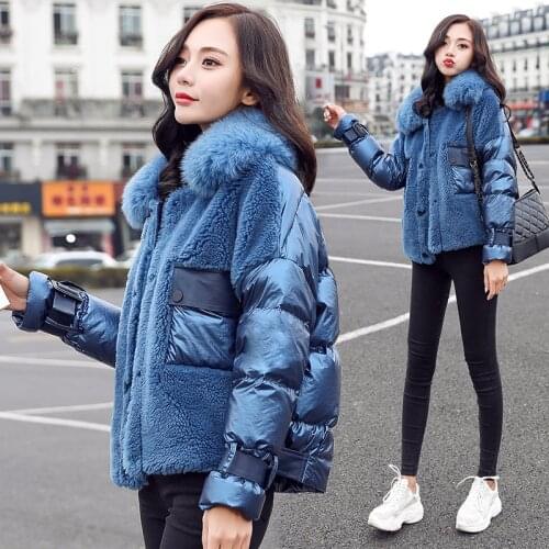 Fashion Fox Fur Collar Feather Jacket Woman Winter Coat New Warm Patchwork Lamb Wool 90% White Duck Down Coat Women Jacket Coats