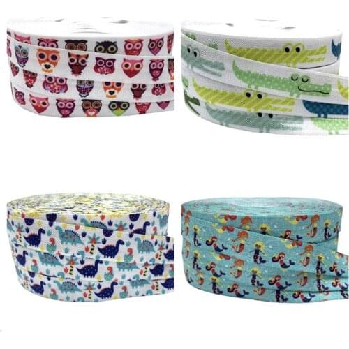 5/8"16mm Owl Dinosaur Mermaid Printed Fold Over Elastic Ribbon DIY Pack Stuffs Hair Band Making Accessories 10Yards/lot