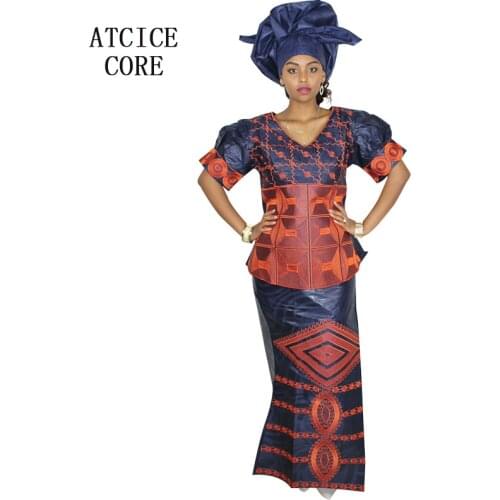 AFRICAN BAZIN RICHE EMBROIDERY SKIRT TOP WITH RAPPER AND SCARF PLAIN MATERIAL 100% COTTON DP119