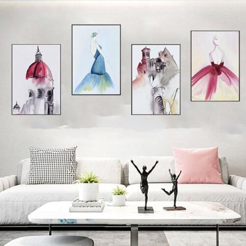 Watercolor Drawing Mordern Girl and Castle Prints Poster Canvas Painting Wall Art Minimalist Wall Picture For Bedroom Home Décor