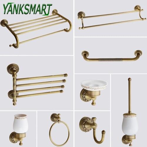 YANKSMART Antique Brass Bathroom Hardware Accessories Set Toilet Paper Toilet Brush Towel Rack Wall Mounted Combo Kit