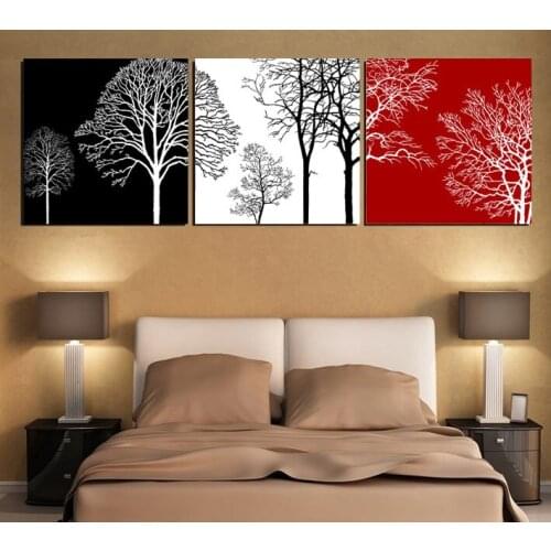 Free shipping Black White and Red tree Modern Wall Art Oil Painting Home Decor Picture Print on Canvas 3pcs/set Framed T/442