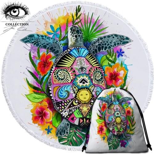 Turtle Life by Pixie Cold Art Large Round Beach Towel Tortoise Microfiber Summer Blanket With Tassel Toalla Bohemian Beach Mat