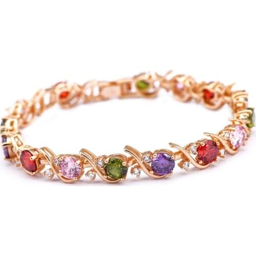 ROLILASON AAA Zirconia color Crystal Best gifts for Christmas so shining Gold Tone Bracelets Health Fashion jewelry TB422