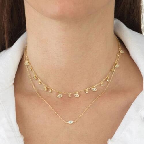 Gold silver color round cz small cute evil eye tassel charm choker necklace 35+10cm multi charm choker