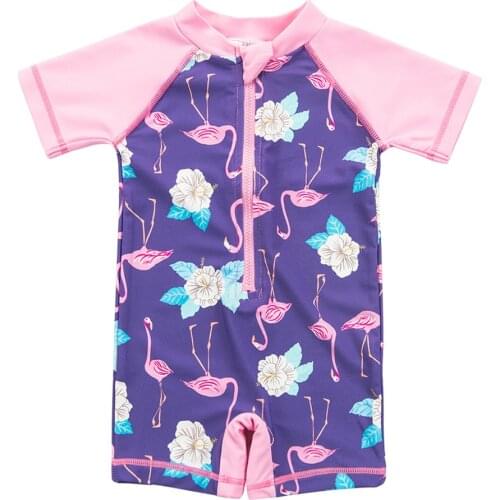 Flamingo Printed Swimsuit Childrens Short Sleeve UPF 50+ Cute Beach Wear 1 Piece Sunsuit Girl