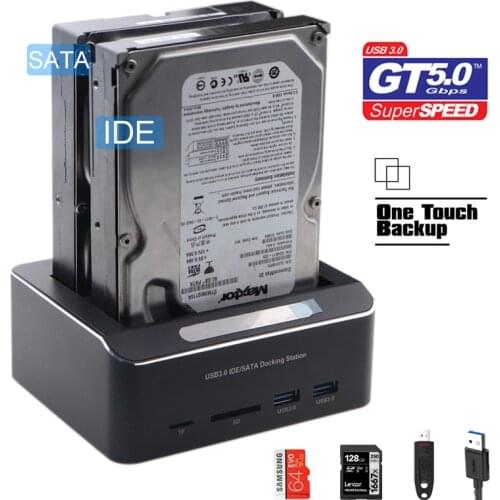 Dual Bay USB 3.0 to SATA IDE External Hard Drive Docking Station With 2-Port Hub and Card Reader For 2.5/3.5 Inch SATA/IDE HDD