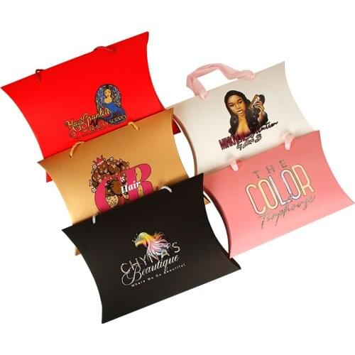 Custom Logo Pillow Box For Store Wigs Extensions Bundles Paper Custom Hair Packaging Packing Boxes Pink/White Color