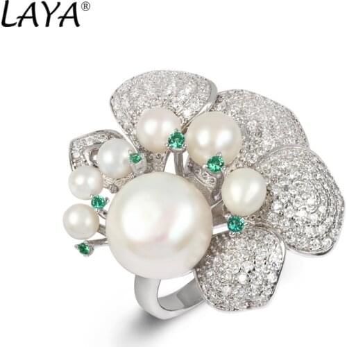 Laya 925 Sterling Silver Fashion Personality Design High Quality Zircon Green Nano Natural Pearl Ring For Women Fine Jewelry