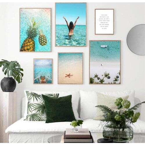 Summer Landscape Wall Art Poster Starfish Pineapples Canvas Painting Boat Ocean Sexy Girl Beach Print Modern Pictures Home Decor