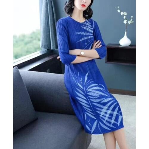 HOT SELLING Miyake fashion o-neck fold dress half print A-Line dress IN STOCK