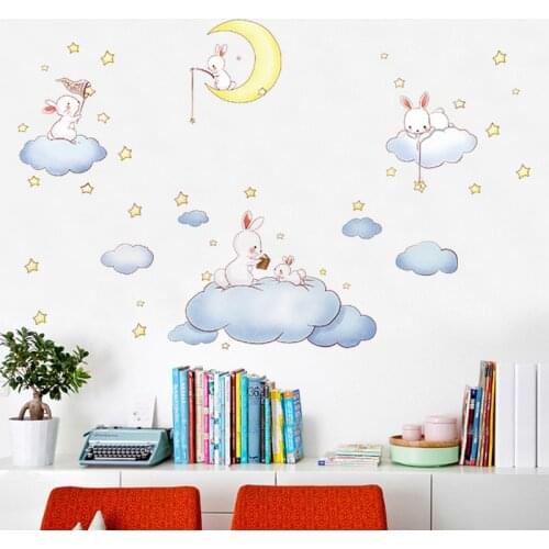 Cartoon Cute White Rabbit Wall Stickers For Kids Rooms In Clouds Catching The Stars Decor Wall Decals Pvc Poster Diy Art Mural