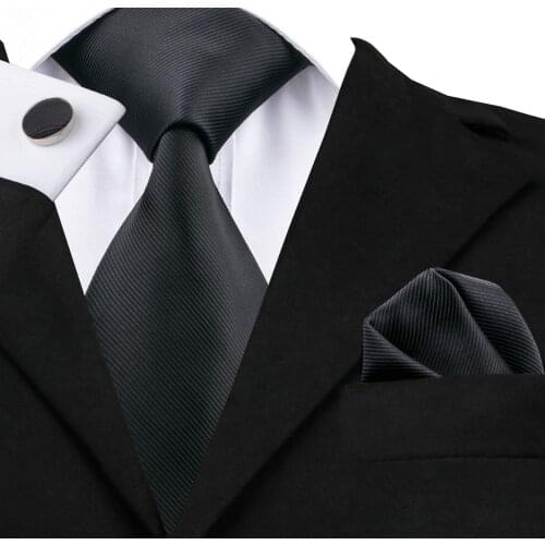 C-840 New Arriving Style Necktie Set Tie Hanky Cufflinks Casual Style 100% Silk Black Solid Ties for Men