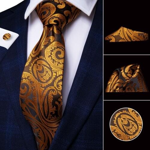 Hi-Tie Mens Tie 8.5cm Gold Black Striped Floral Silk Wedding Tie For Men Design Hanky Cufflink Quality Men Tie Set Dropshipping