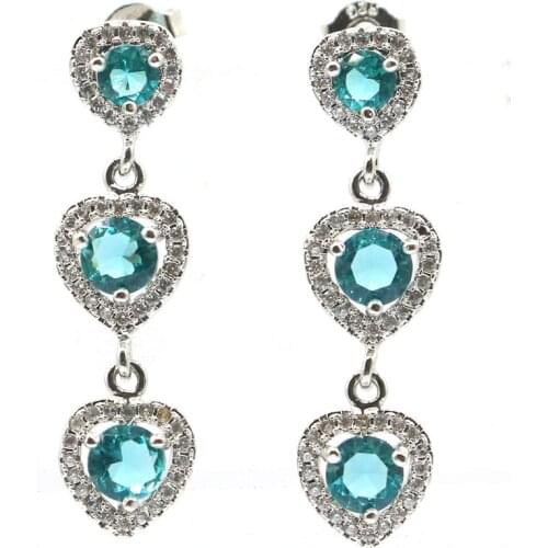 32x9mm SheCrown Created Rich Blue Aquamarine White CZ Gift For Womans Silver Earrings