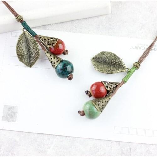 Ethnic Style Simple Necklace Pendant For Women Vintage Leaves Ceramic Beads Long Sweater Chain Jewelry Accessories