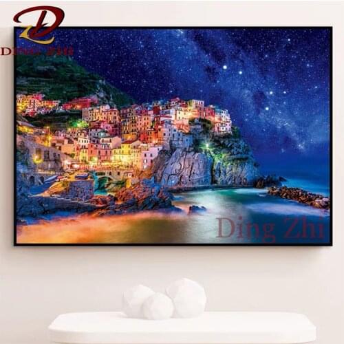 Modern Decoration 5D Diamond Painting Starry Seaside city scenery Diy Cross Stitch Kit Full Square Round Drill Embroidery Mosaic
