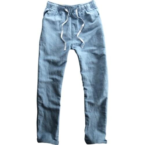 Summer Casual Pants for Men Cotton Linen Trousers Solid White Elastic Waist Straight Pants Japanese Fashion Male Clothing 2021