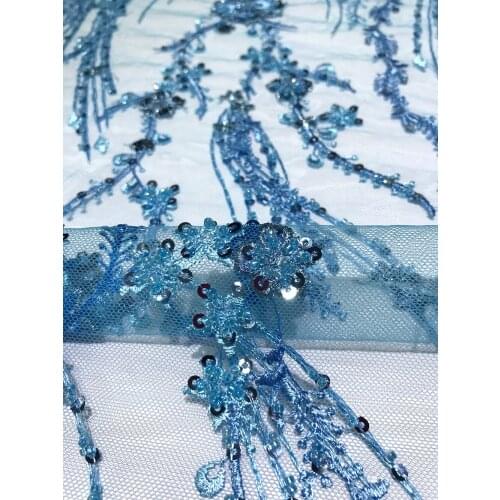 Blue Color African Guipure French Beaded Lace Floral Embroidery Fabric Material 2021 High-End Fashion Polyester Tulle for Sewing