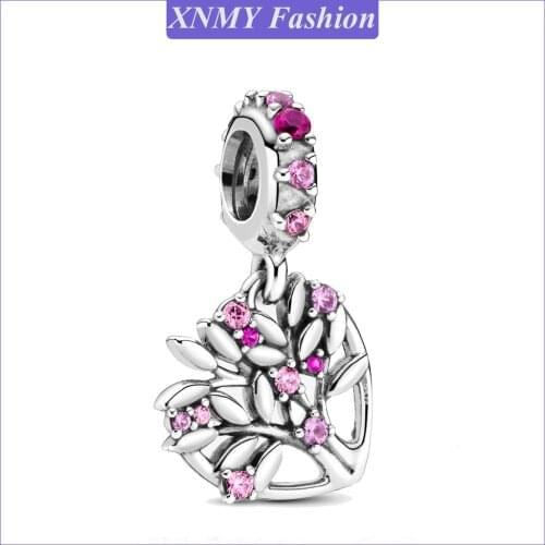 XNMY Family Pendant Silver Color Pink Heart Family Tree Dangle Charm Beads fit Pandora Charm Bracelet Necklace Jewelry Making