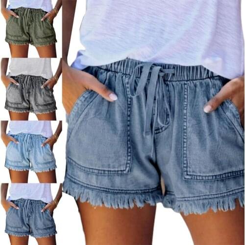 Women High Waist Lace Up Short Jeans Summer Fashion Sexy Ripped Denim Shorts Casual Elastic Waist Vintage Thin Shorts Streetwear