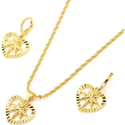 Gold dubai heart leaf African jewelry Set Necklace pendant Earrings wedding bridl jewelry for women sweater chain gifts