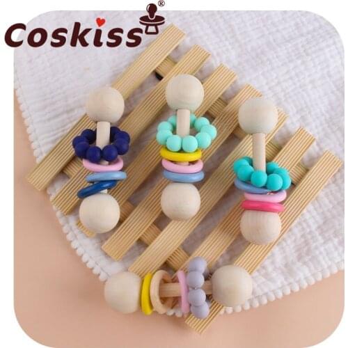 Coskiss 1pcs Beech Wood Baby Rattle Teether Silicone Beads Soother Teether Molar Toy Safe Musical Chew Montessori Toys