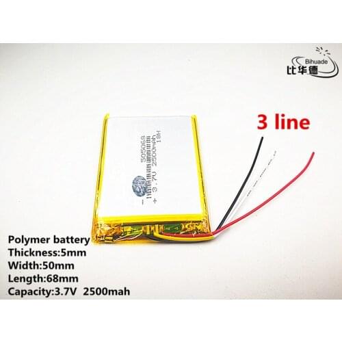 10pcs/lot 3 line Good Qulity 3.7V,2500mAH,505068 Polymer lithium ion / Li-ion battery for TOY,POWER BANK,GPS,mp3,mp4