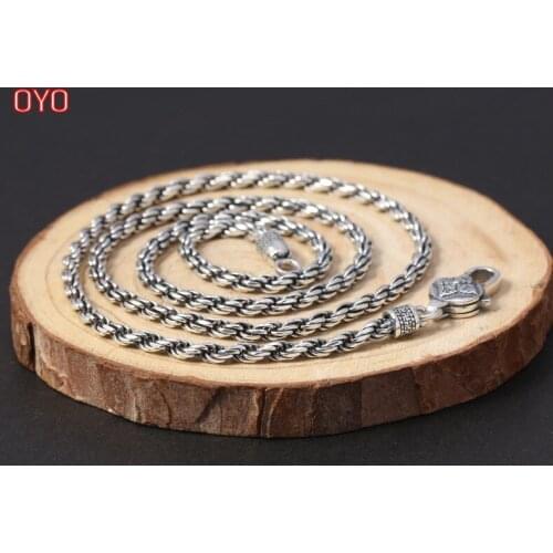 100% 925 sterling silver jewelry 3mm wide vintage Thai silver necklace unisex all-match twisted necklace