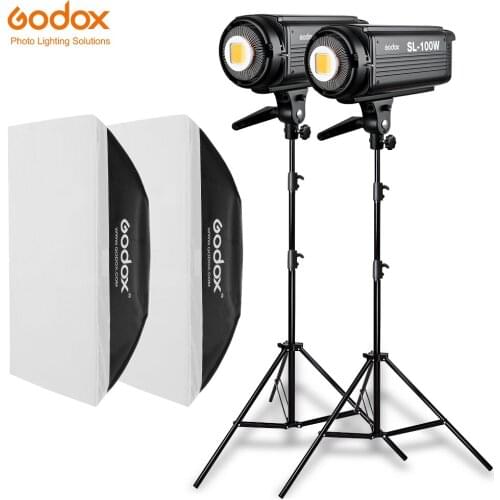 2PCS Godox SL Series Video Light SL-100W White Version video light Continuous Light + 2x 70x100cm Softbox + 2x 280cm Light Stand