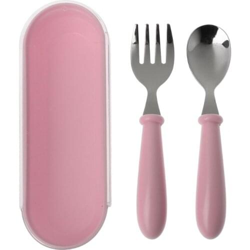 2pcs/lot Baby Feeding Spoon Fork Set Stainless Steel Toddler Infant Tableware Flatware Kids Cutlery with Ant-Dust Box