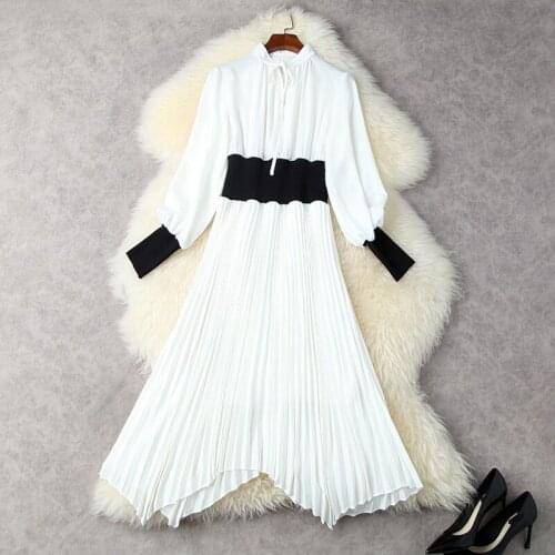 2021 Autumn Fashion Designer Dress Women White Classic Belt Lantern Sleeve Elastic Waist Pleated Irregular Hem Dresses