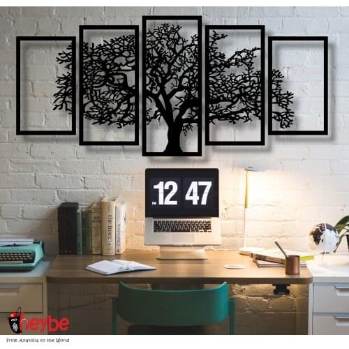Wooden Wall Art Sycamore Tree Decor 5 Pieces Black Color Modern Nature Home Office Living Room Bedroom Kitchen New Quality Gift Ideas 3D Creative Stylish Decorative 2021 Modern Ornament Beautiful Cute Picture Souvenir