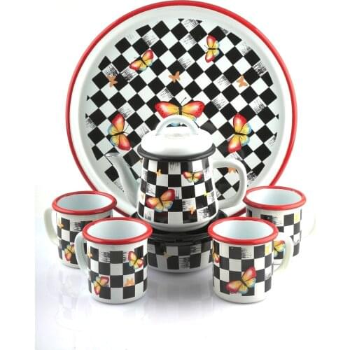 Enamel Serving Tray & 4 Pcs Enamel Mug Isıtıcılı Enamel Teapot Set Mackenzie Model