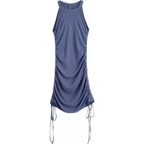 Evfer Women Sexy Halter Collar Knitted Elastic Blue Mini Dress Girls Fashion Side Drawstring Shirring Lace Up Summer Slim Dress