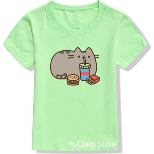 Kawaii Cartoon Drinking Cat Print T-Shirt Kids Funny T Shirts Top for Girls Summer Boys Clothes Pink/Yellow/Blue/Green Tshirt
