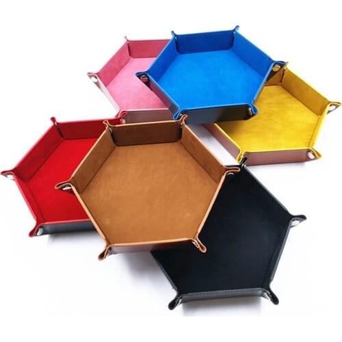 PU Leather Velvet Dice Tray Holder Board Game Foldable Dice Tray Hexagon Rolling Tray Holder Dice Game Party Casino