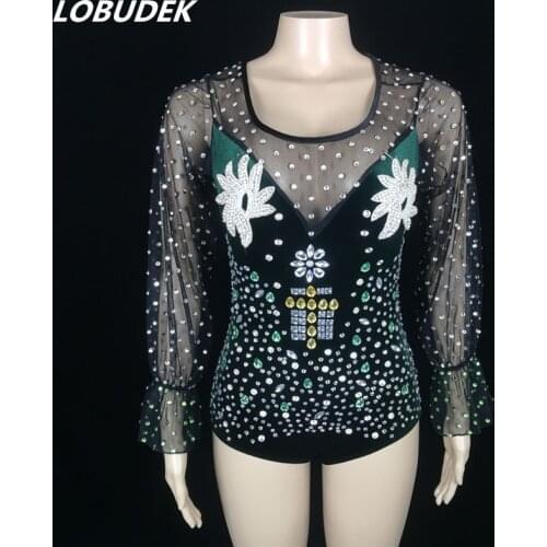 Lantern Sleeve Modern Dance Rhinestones Bodysuit Sexy Backless Latin Dance One Piece Tops National Standard Social Dance Costume