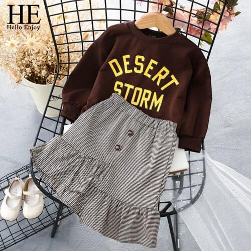 HE Hello Enjoy 2018 Autumn Girls Clothes Long Sleeve Print Letter Sweatshirt+Plaid Skirt Sets Toddler Boutique Clothes Kids