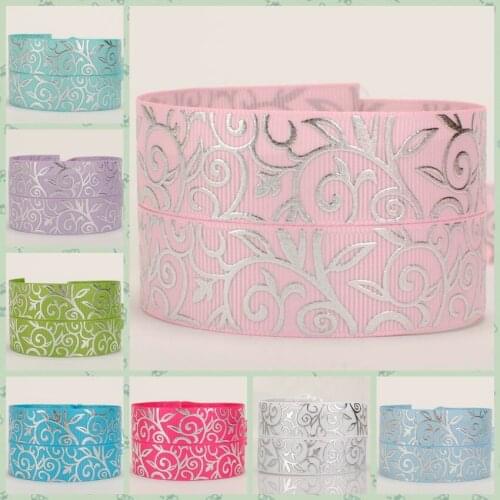 7/8" (22mm) Colorful leaves silver foil grosgrain ribbon, packing DIY cartoon polyester grosgrain ribbon